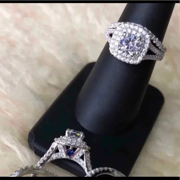 2 pcs 925 silver Engagement Ring Wedding Band set - Picture 1 of 6